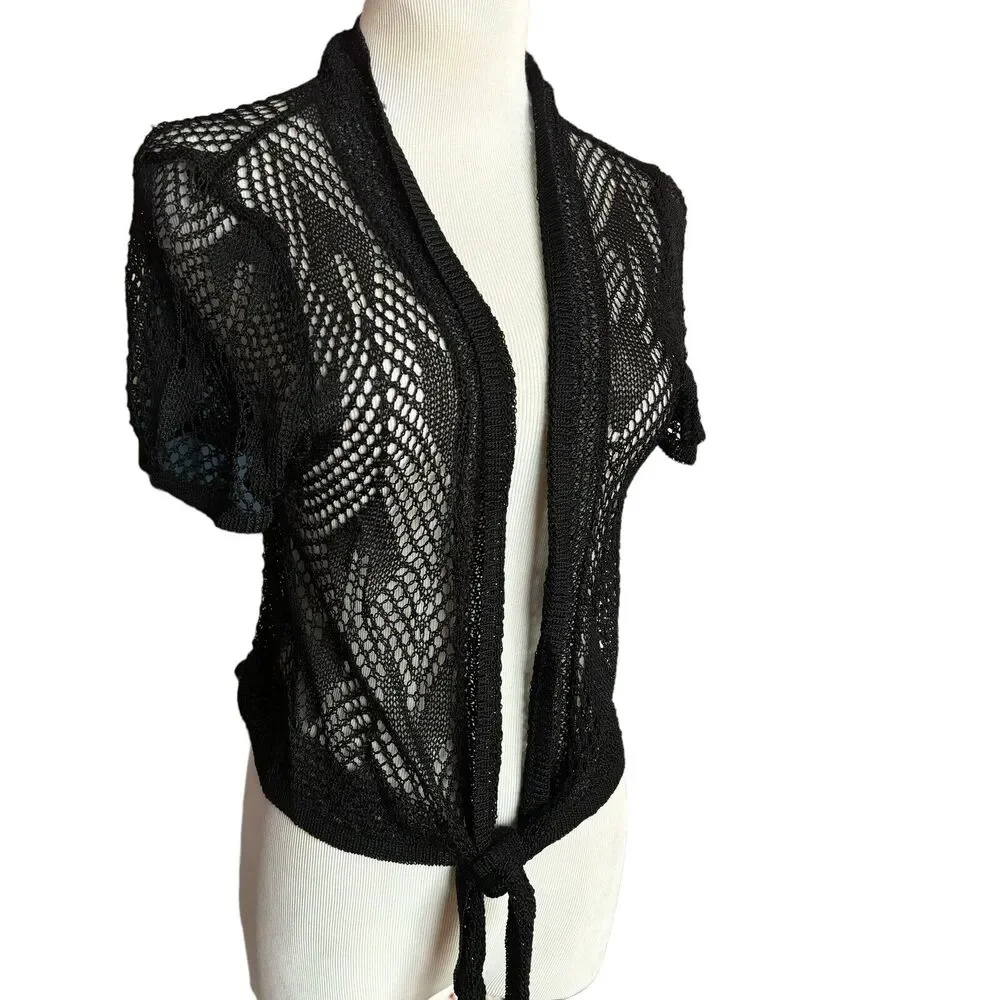 FRESH PRODUCE Size Small BLACK Stretch Cardigan Bolero Tie Front NEW - Picture 2 of 5